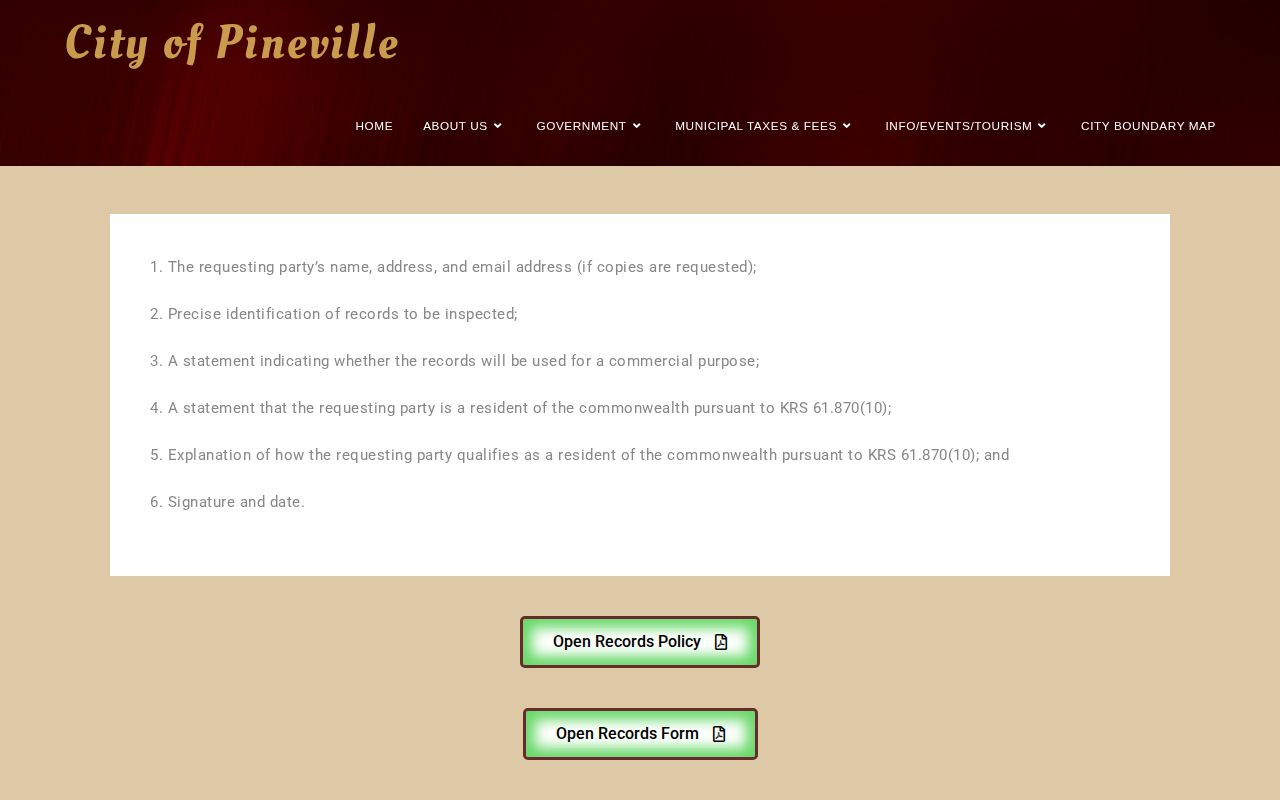 Pineville open records page for arrest and mugshot requests